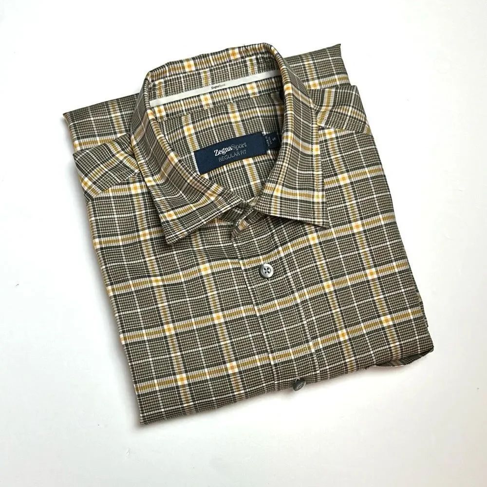 ZEGNA Sport Cotton Shirt Button Down Taupe Plaid Men’s size S